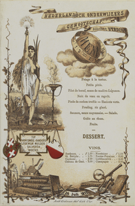 29161 Menukaart van het diner van de afdeling Utrecht van het Nederlands Onderwijzers Genootschap.26-07-1877-26-07-1877